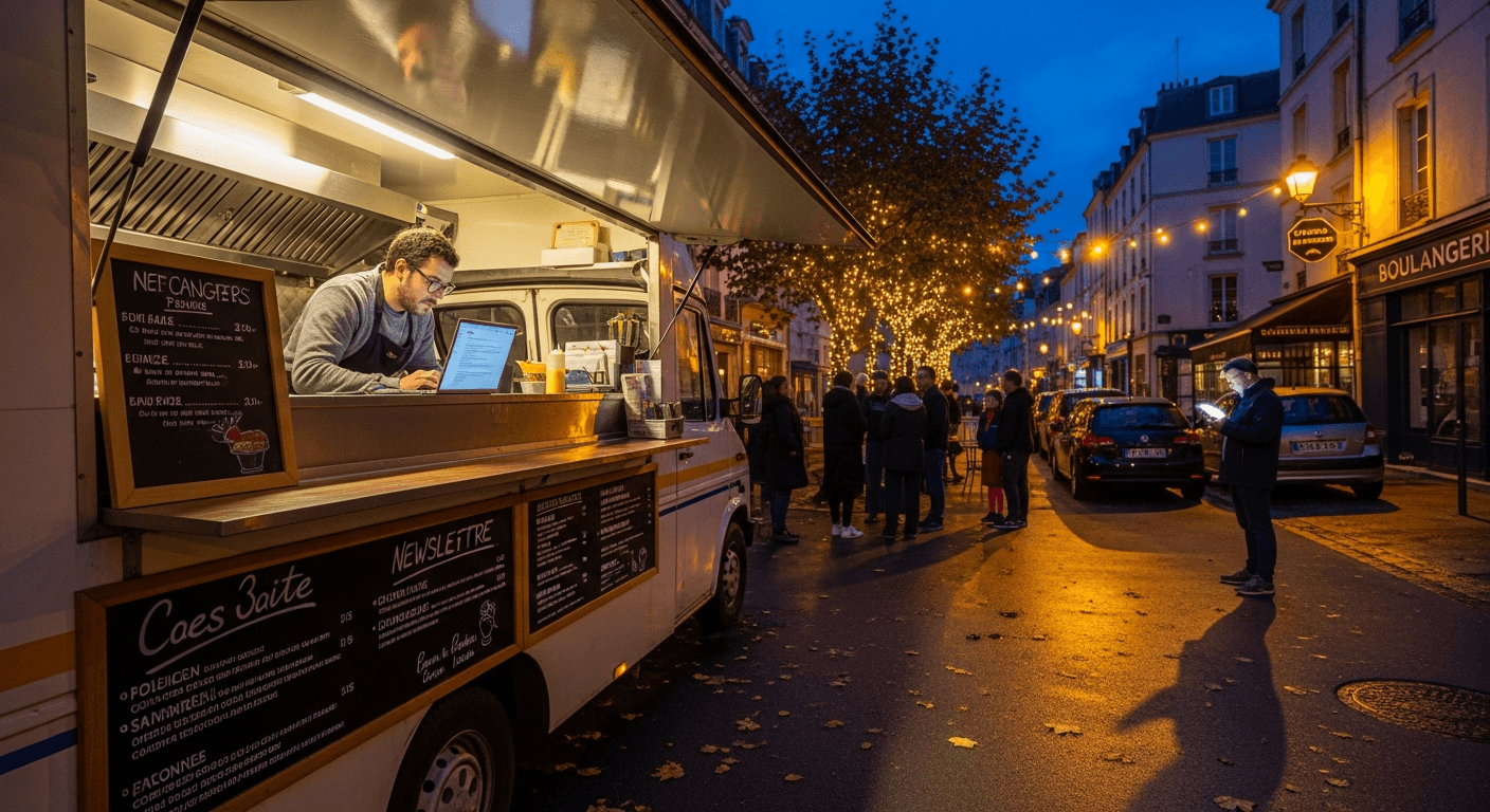 Food truck blanc en service le soir dans une rue pavée éclairée, avec menu affiché et opérateur au comptoir