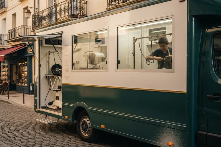 Food truck blanc et vert garé dans une rue pavée avec vitrine et aménagement professionnel visible