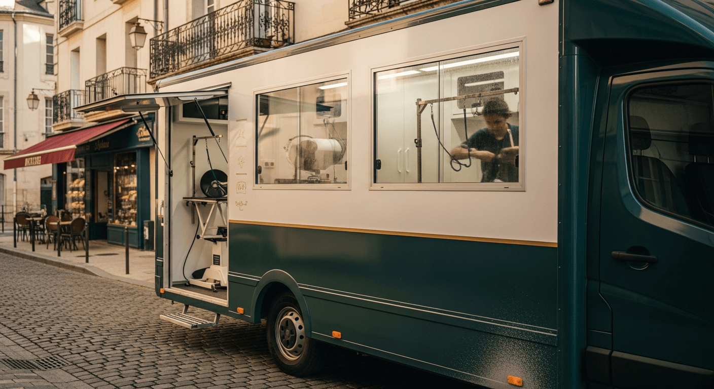 Food truck blanc et vert garé dans une rue pavée avec vitrine et aménagement professionnel visible