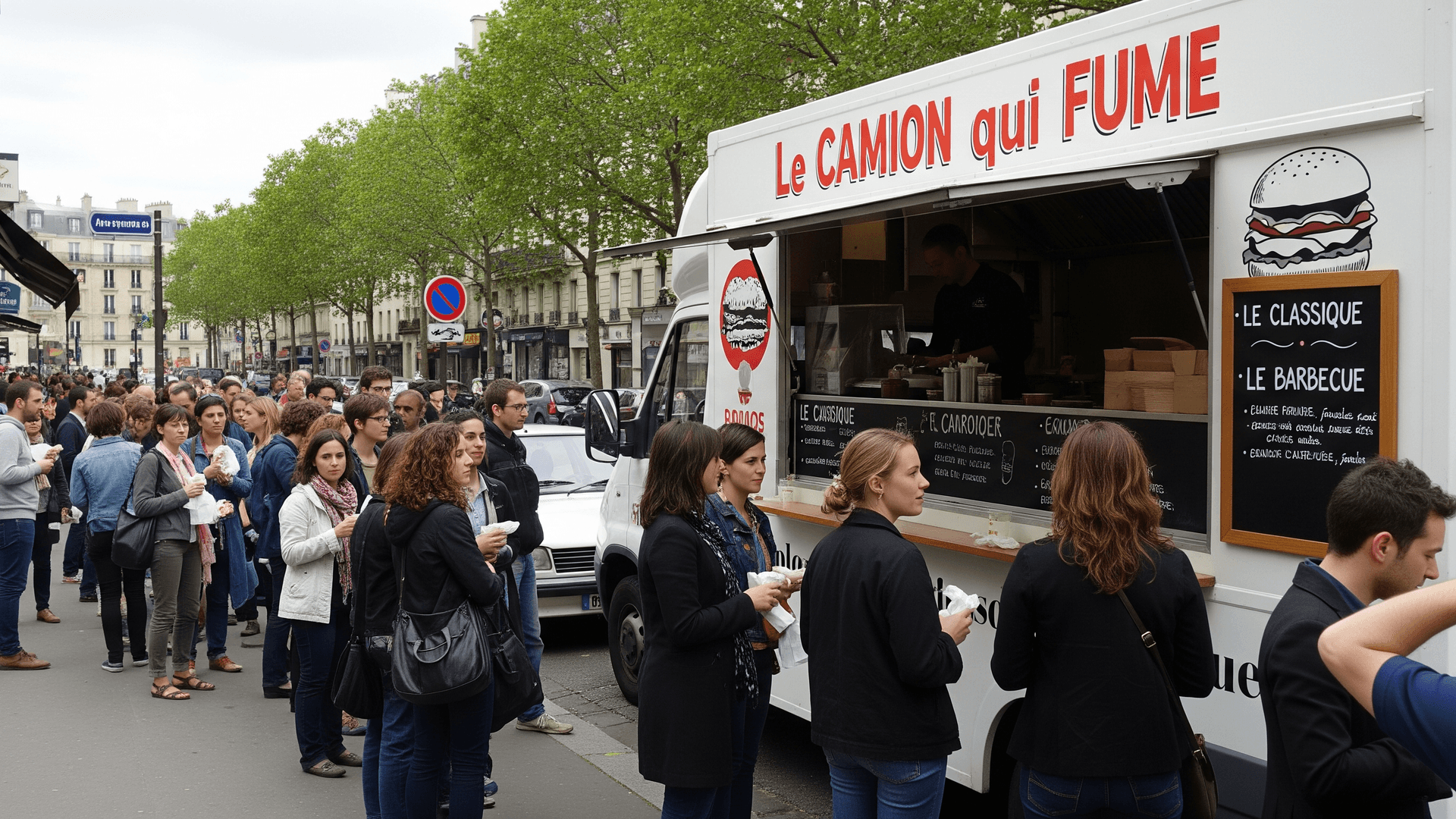 Food truck blanc Le Camion qui Fume en service, avec une longue file de clients attendant leurs burgers dans la rue.