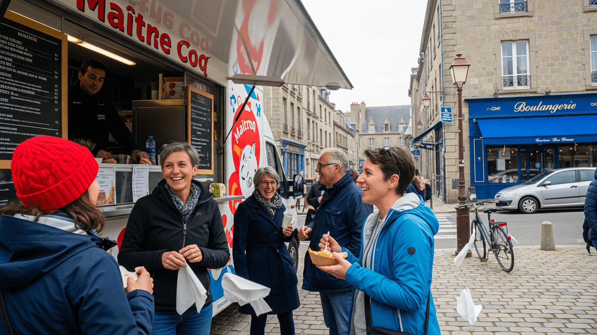 Food truck blanc Maître Coq avec auvent ouvert, servant des repas à des clients souriants dans une rue pavée.