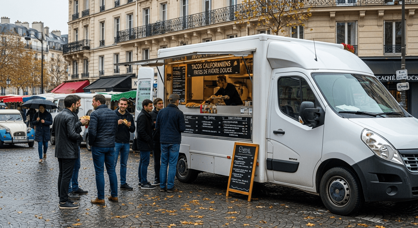 Food truck blanc servant des tacos californiens sur une place parisienne avec clients faisant la queue