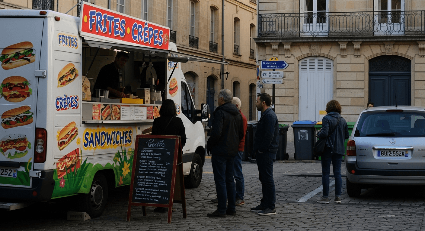Food truck blanc spécialisé en frites, crêpes et sandwiches stationné sur place pavée avec clients faisant la queue