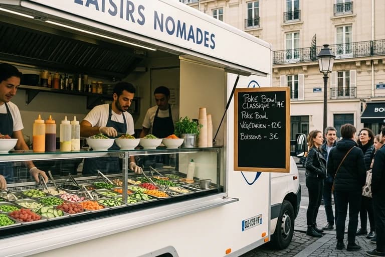 Food truck blanc spécialisé poke bowl avec vitrine réfrigérée, employés en service et clients faisant la queue