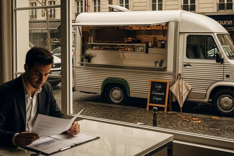 Food truck blanc vintage avec service ouvert, client en costume lisant à une terrasse de café urbain