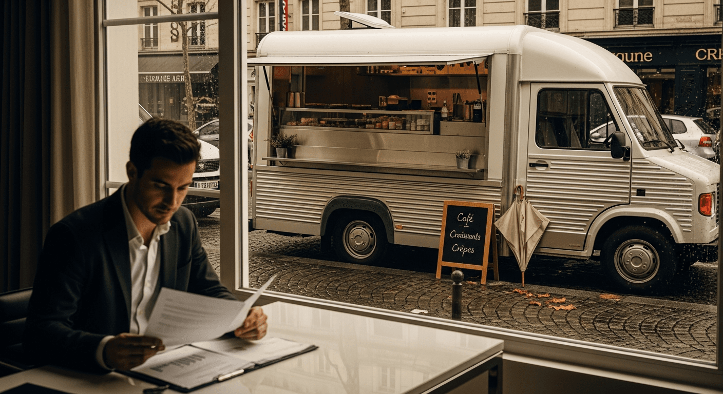 Food truck blanc vintage avec service ouvert, client en costume lisant à une terrasse de café urbain