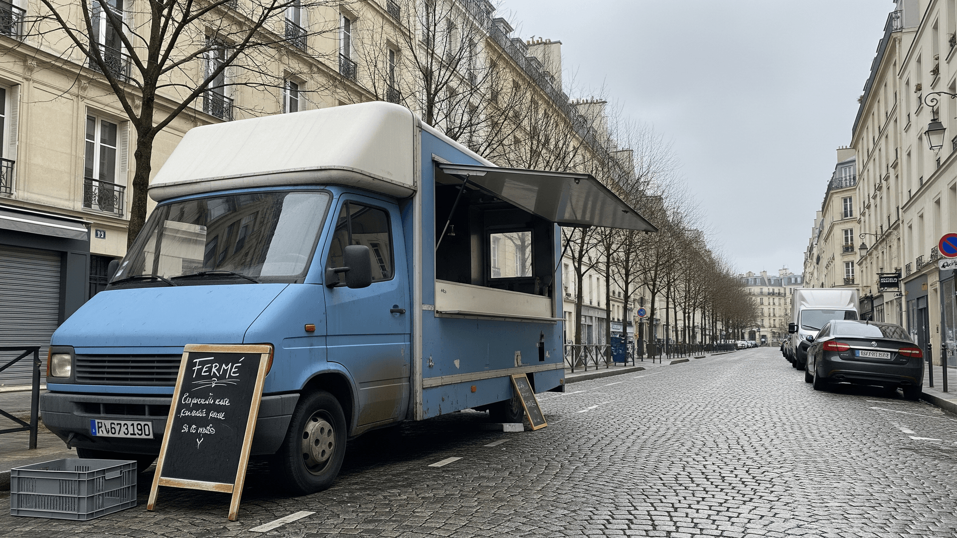Food truck bleu aménagé, vitrine ouverte, avec ardoise "FERMÉ" sur une rue pavée parisienne déserte.