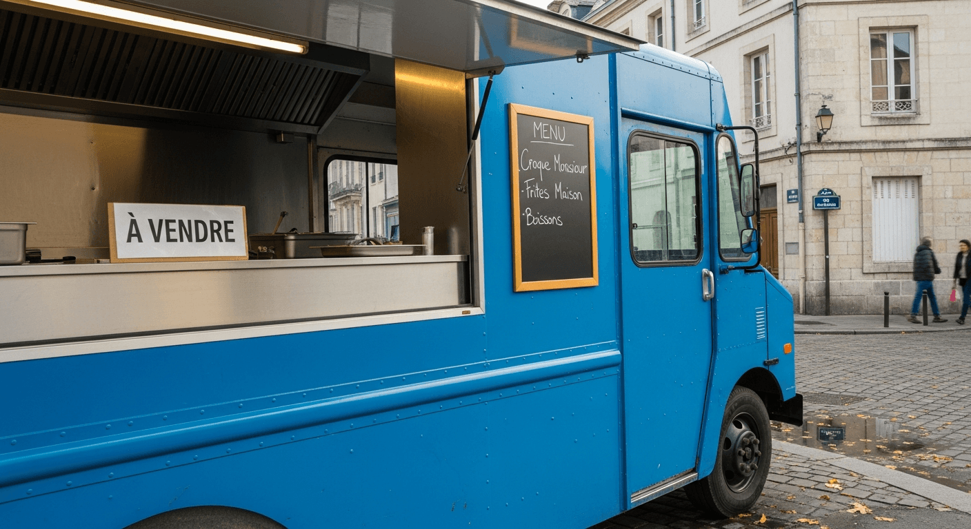 Food truck bleu avec cuisine ouverte équipée d'une plancha professionnelle, en vente sur une place pavée