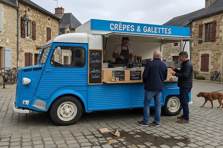 Food truck bleu Citroën HY spécialisé crêpes et galettes installé sur place de village rural