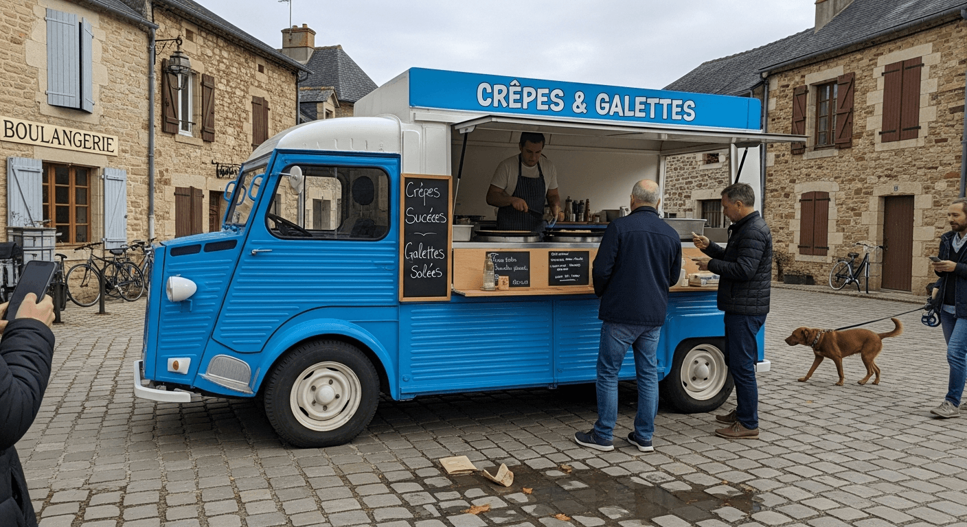 Food truck bleu Citroën HY spécialisé crêpes et galettes installé sur place de village rural
