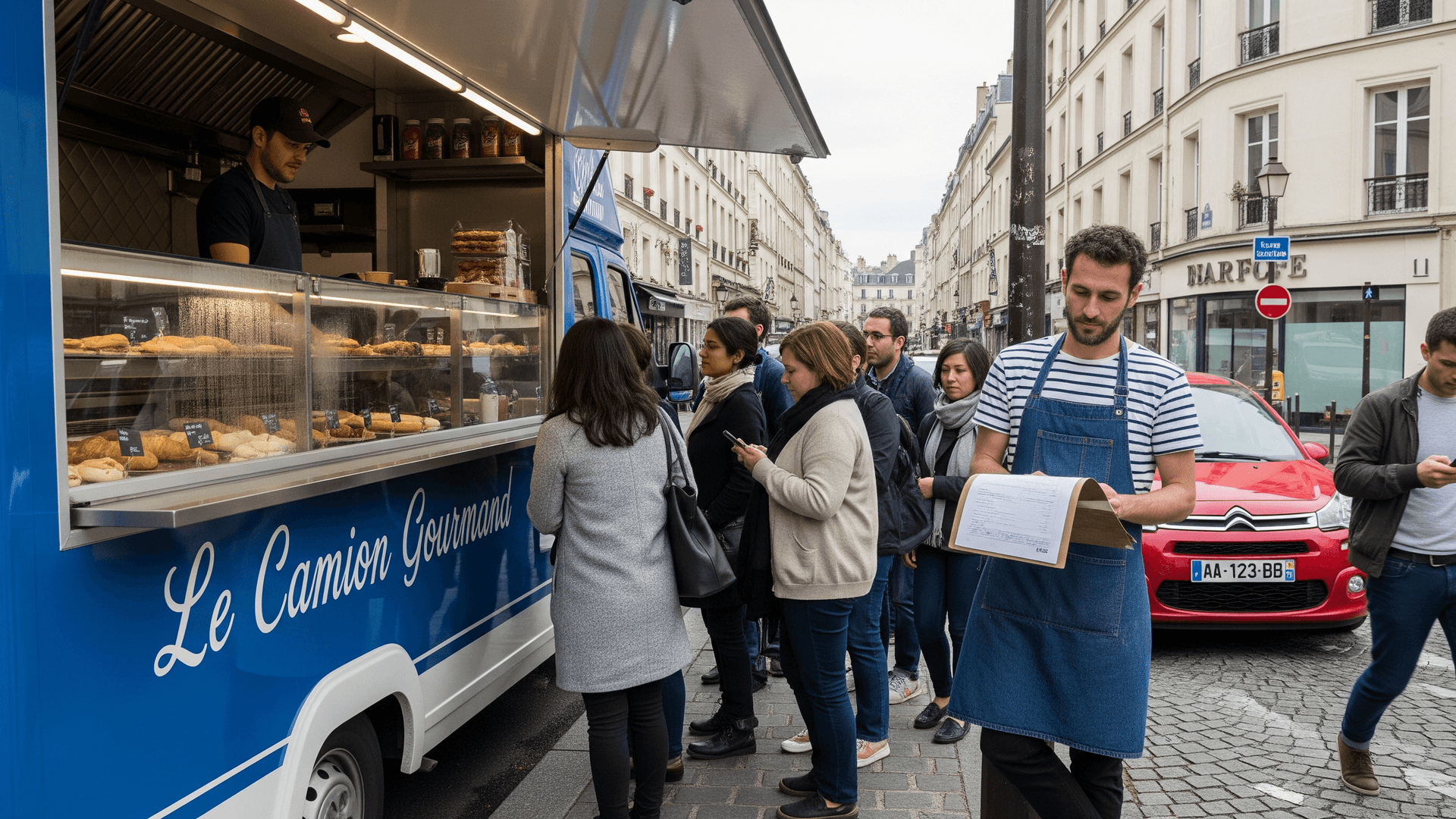 Food truck bleu "Le Camion Gourmand" avec file de clients en attente de service en pleine rue parisienne.