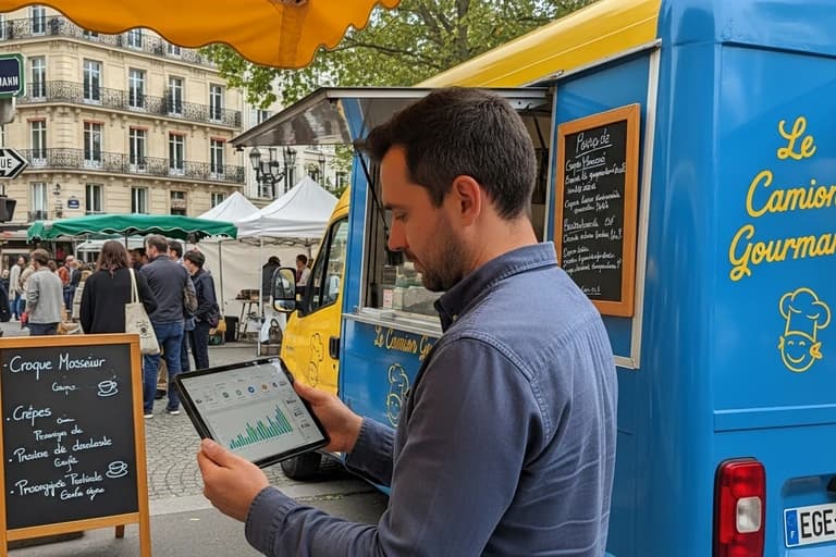 Food truck bleu Le Camion Gourmand avec propriétaire analysant des données sur tablette lors d'un marché