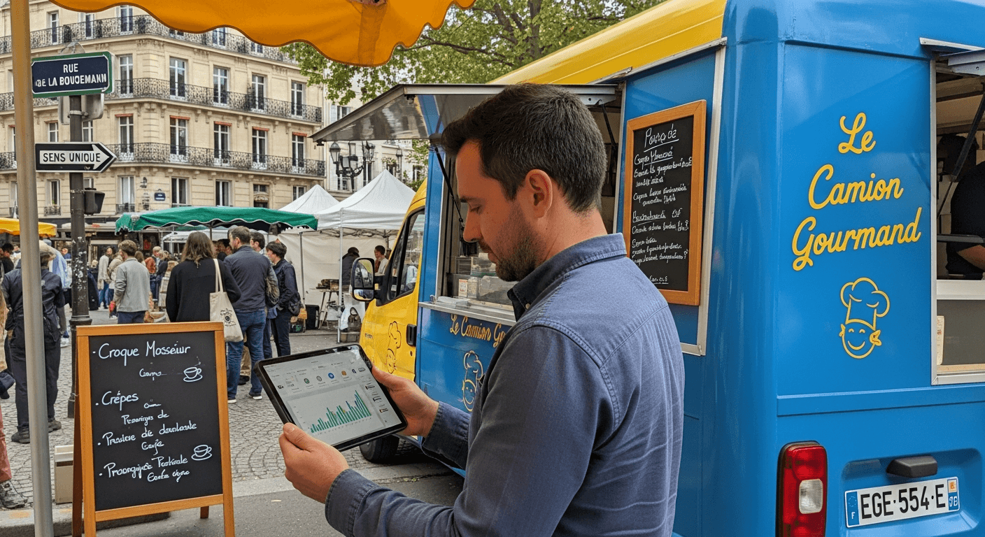 Food truck bleu Le Camion Gourmand avec propriétaire analysant des données sur tablette lors d'un marché