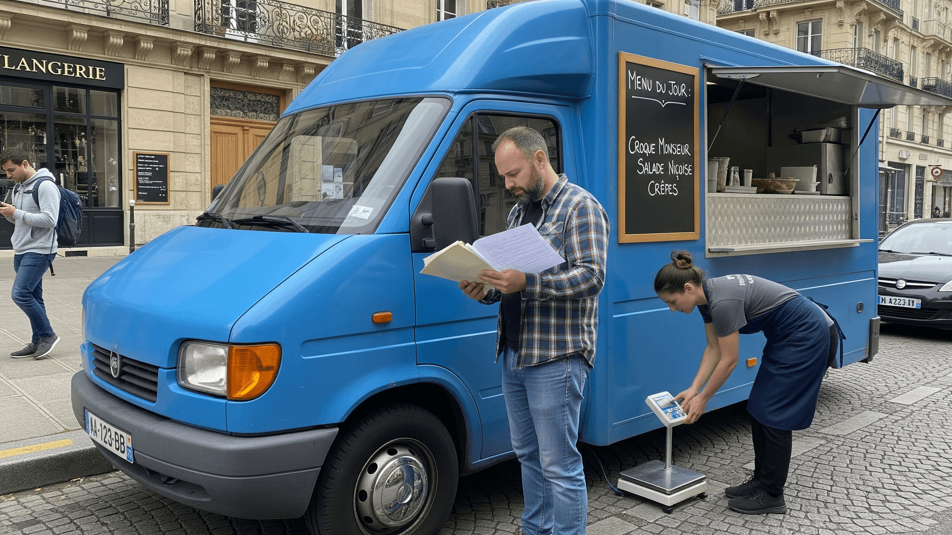 Food truck bleu type fourgon aménagé en centre-ville. Menu visible, équipe préparant le service : contrôle des papiers et pesée.
