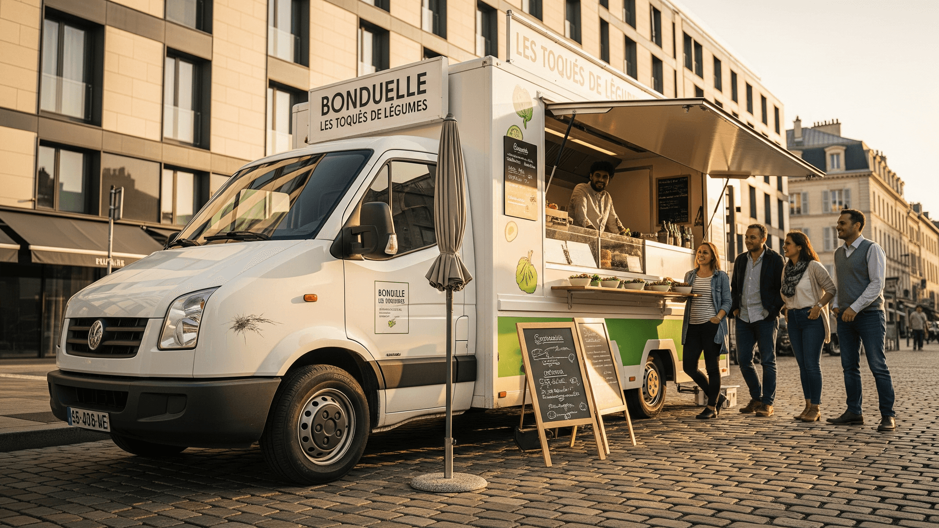 Food truck Bonduelle blanc aménagé, chef souriant sert plats de légumes à des clients sur rue pavée.
