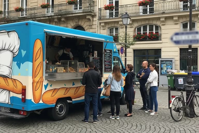 Food truck boulangerie bleu avec décoration pain et toque de chef, clients faisant la queue sur place pavée