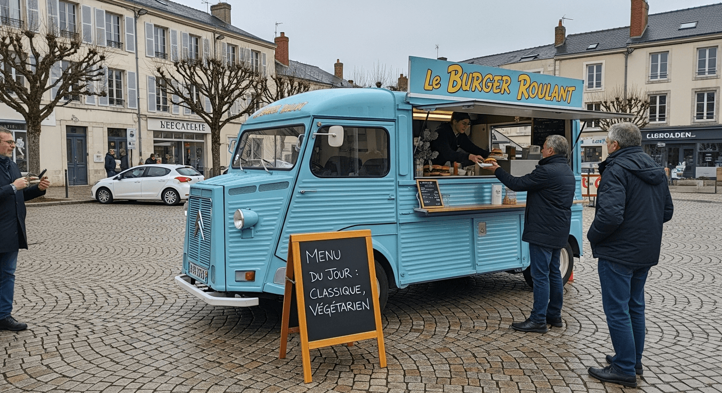 Food truck Citroën HY bleu turquoise Le Burger Roulant servant burgers classiques et végétariens sur place pavée