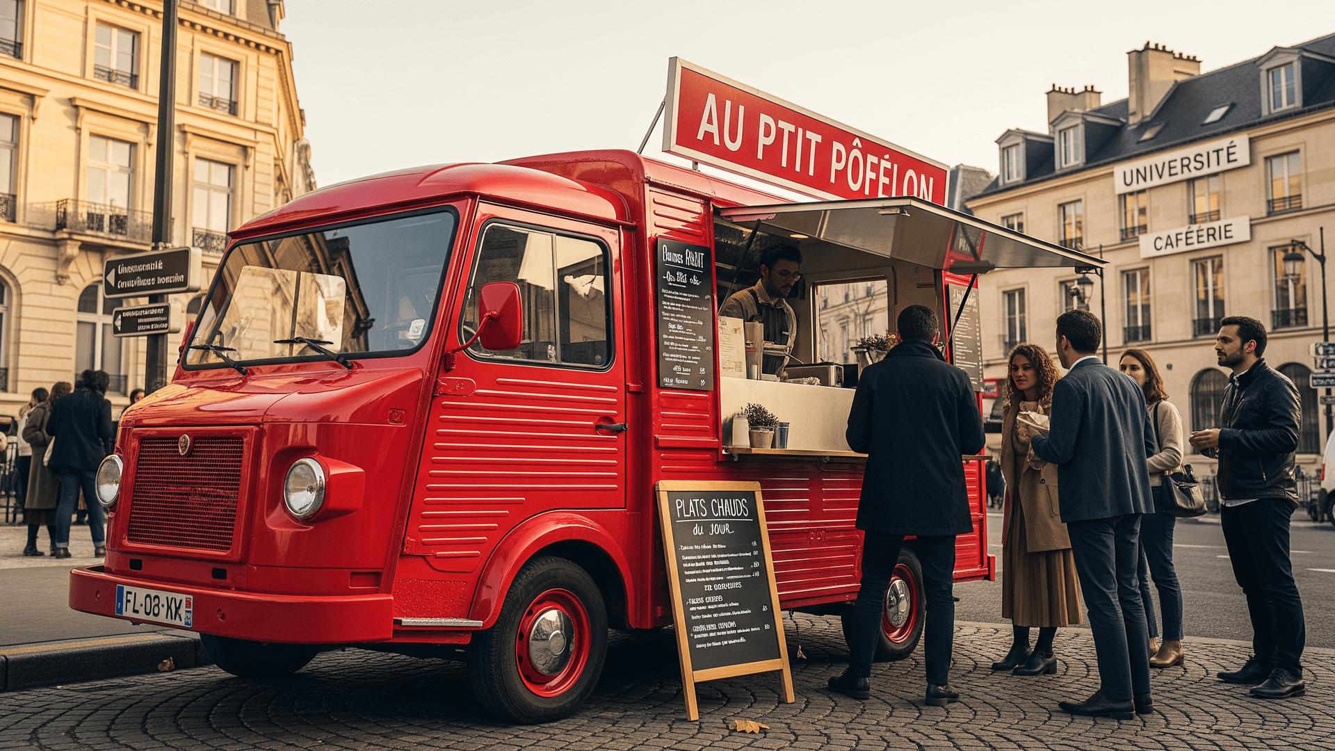 Food truck Citroën Type H rouge "Au P'tit Pôfelon" aménagé, avec comptoir de service et menu ardoise, servant des étudiants devant une université.