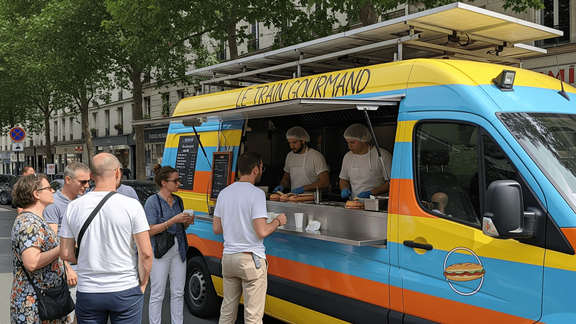Food truck coloré Le Train Gourmand, équipé de panneaux solaires, sert des sandwichs à des clients en ville.