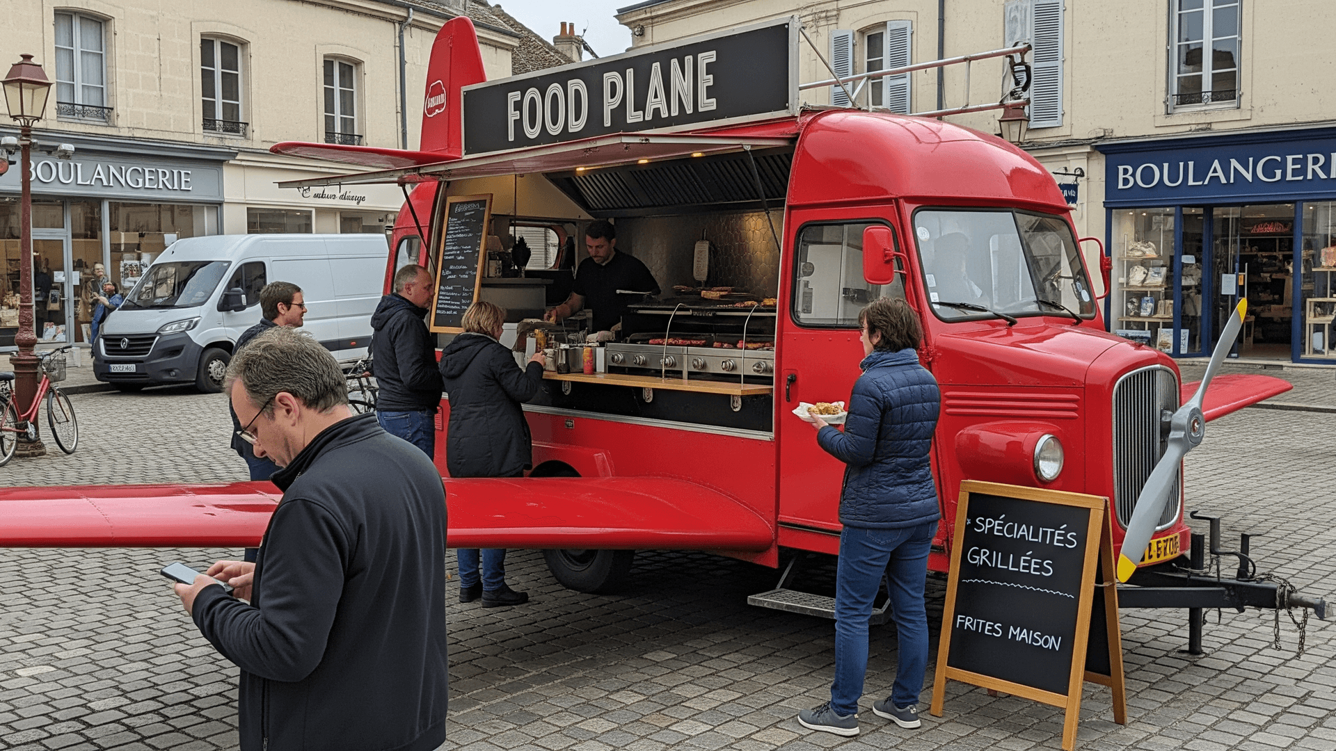 Food truck concept avion rouge "Food Plane" aménagé pour grillades, servant une clientèle en extérieur.
