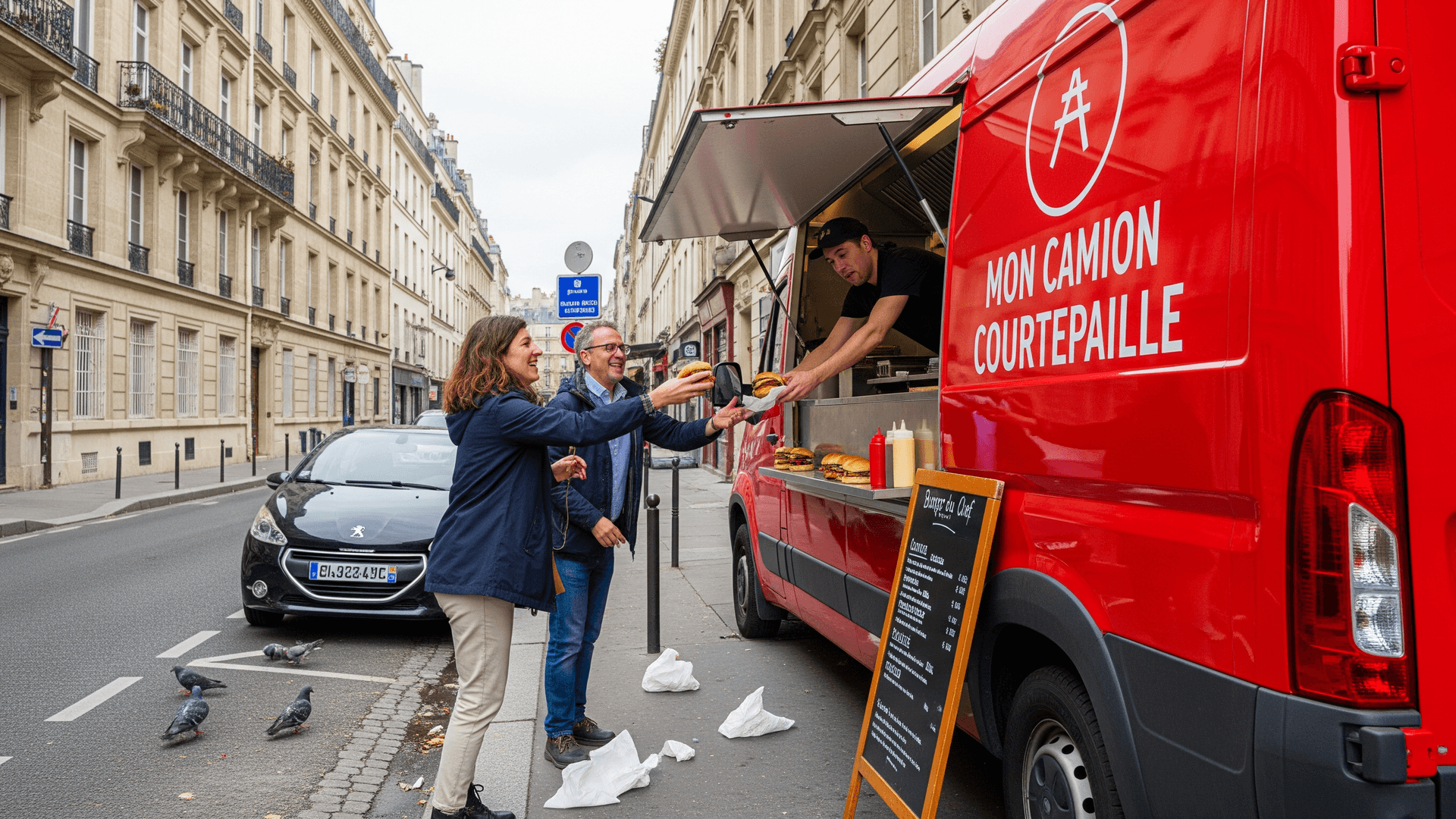 Food truck Courtepaille rouge aménagé servant des burgers à des clients dans une rue parisienne.