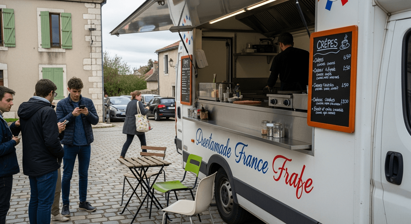 Food truck crêperie France Fraîche avec aménagement inox professionnel et menu affiché, clients attendant sur place pavée