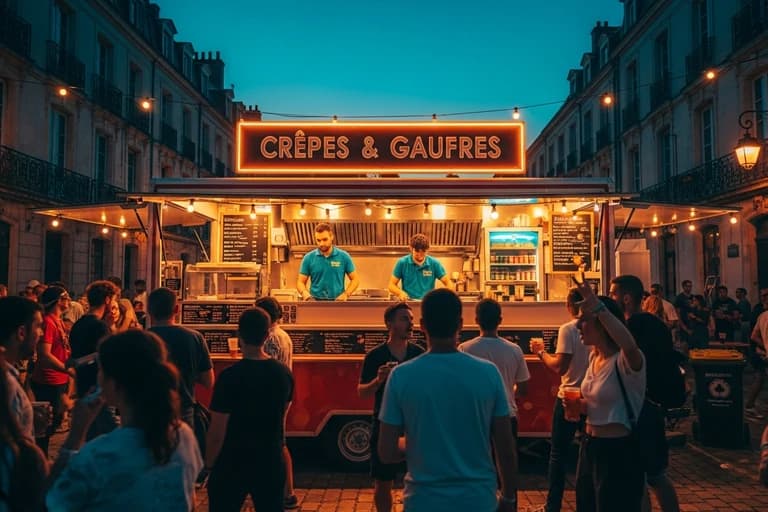 Food truck crêpes et gaufres avec enseigne lumineuse servant une foule lors d'un festival nocturne