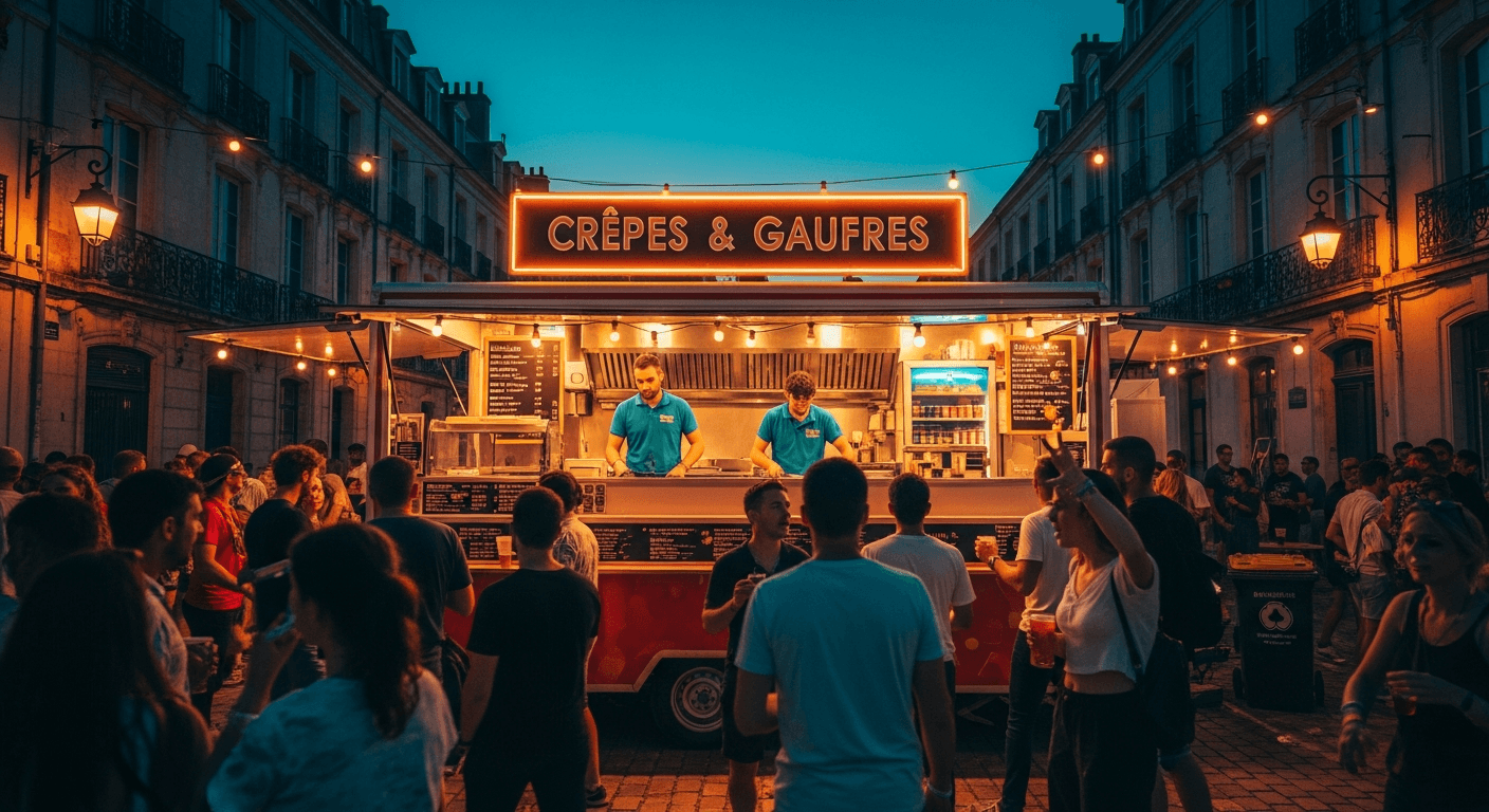 Food truck crêpes et gaufres avec enseigne lumineuse servant une foule lors d'un festival nocturne