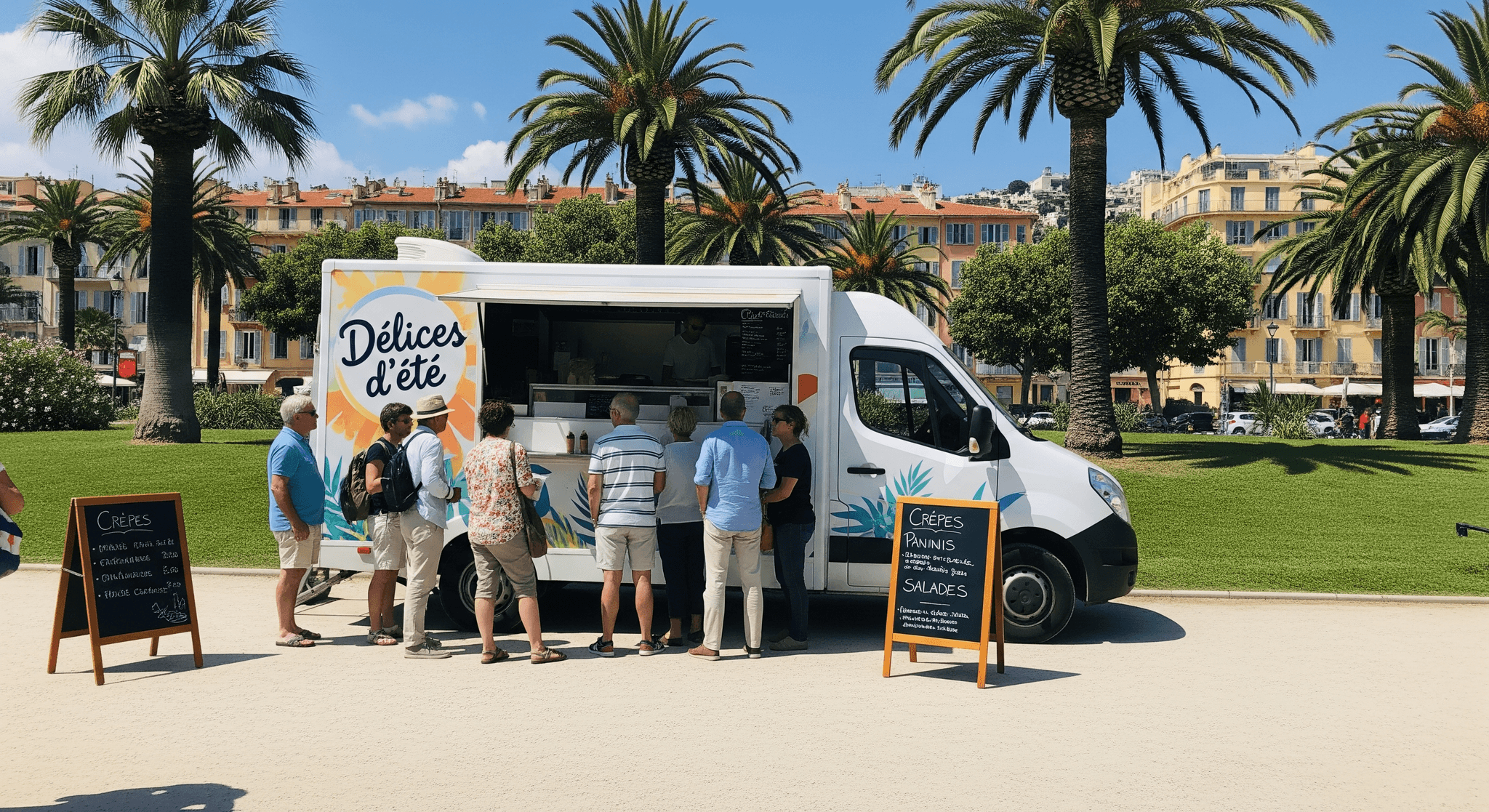 Food truck blanc 'Délices d'été' aménagé, servant crêpes et paninis. Clients en file sous les palmiers d'un parc méditerranéen.