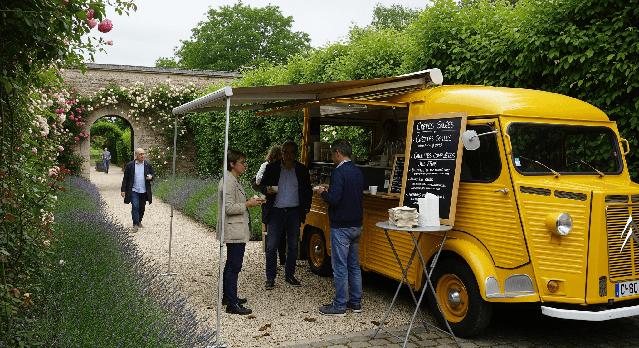 Food truck Citroën Type H jaune aménagé en crêperie, avec auvent, lors d'un événement en jardin fleuri.