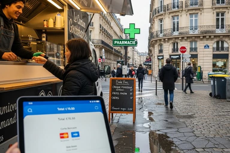 Food truck de crêpes avec système de paiement digital et client en transaction sur une place parisienne