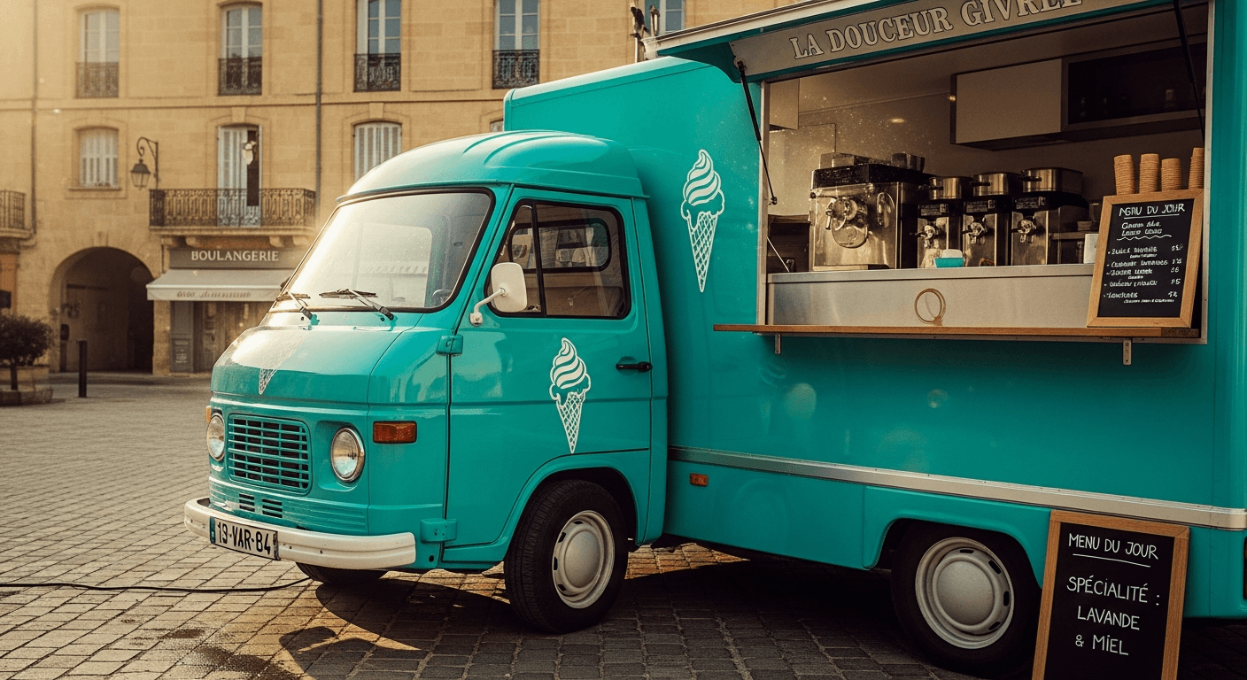 Food truck de glaces artisanales turquoise avec logo cornet, vitrine réfrigérée et menu spécialité lavande-miel