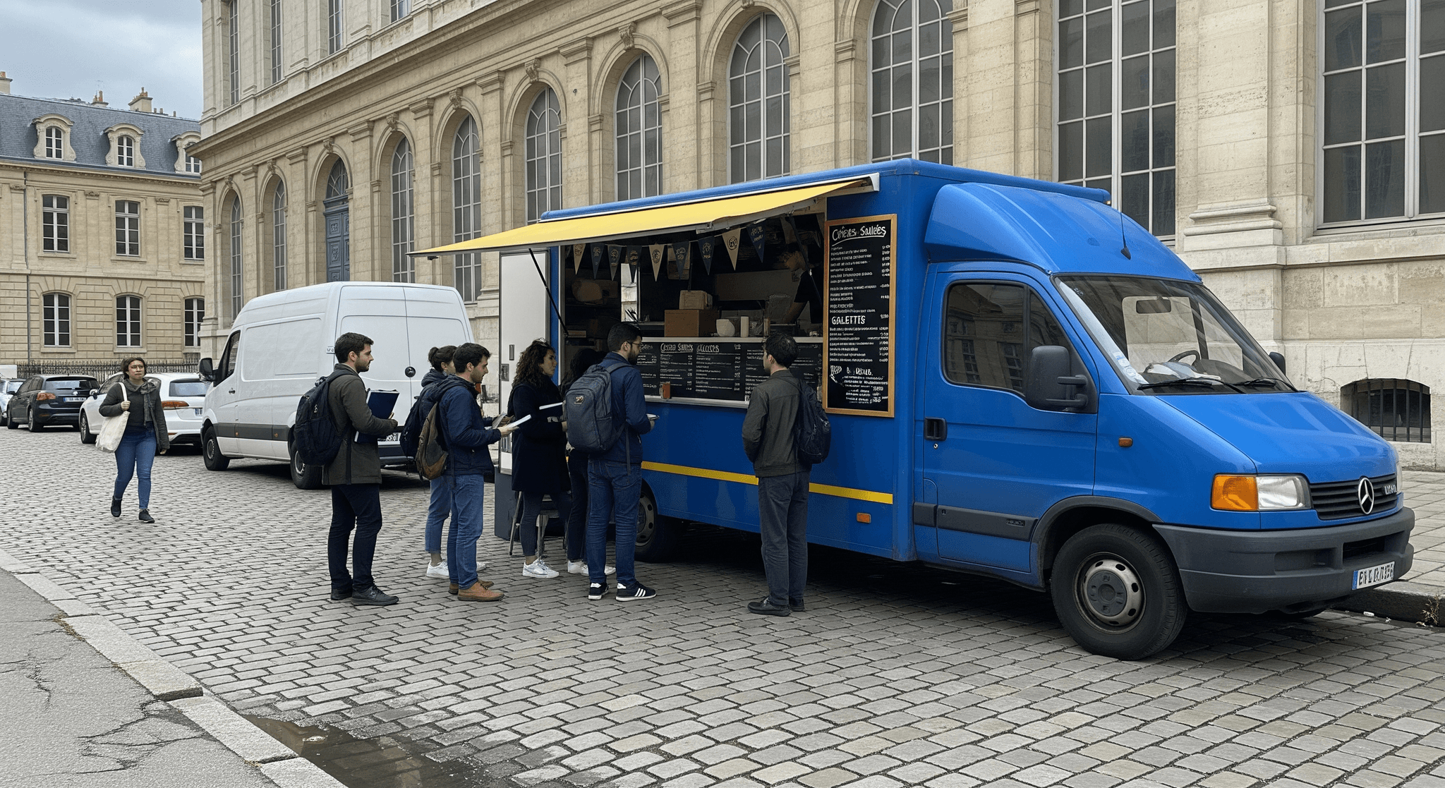 Food truck bleu aménagé type van, concept mobile de restauration offrant crêpes et galettes à des étudiants devant une université.