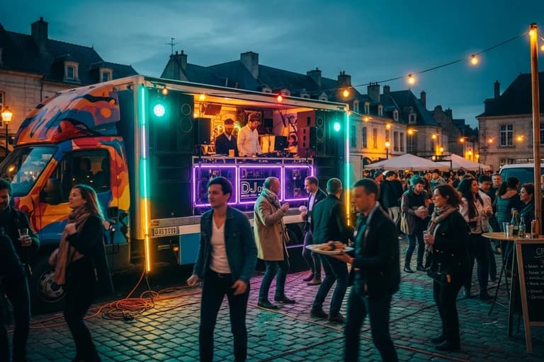Food truck DJ avec sono intégrée animant un événement nocturne sur une place pavée avec foule