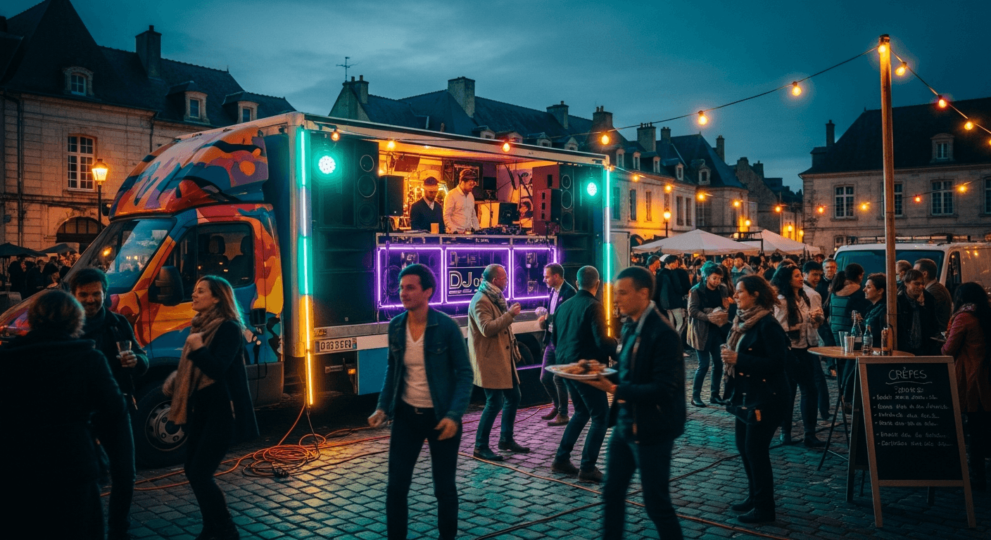 Food truck DJ avec sono intégrée animant un événement nocturne sur une place pavée avec foule