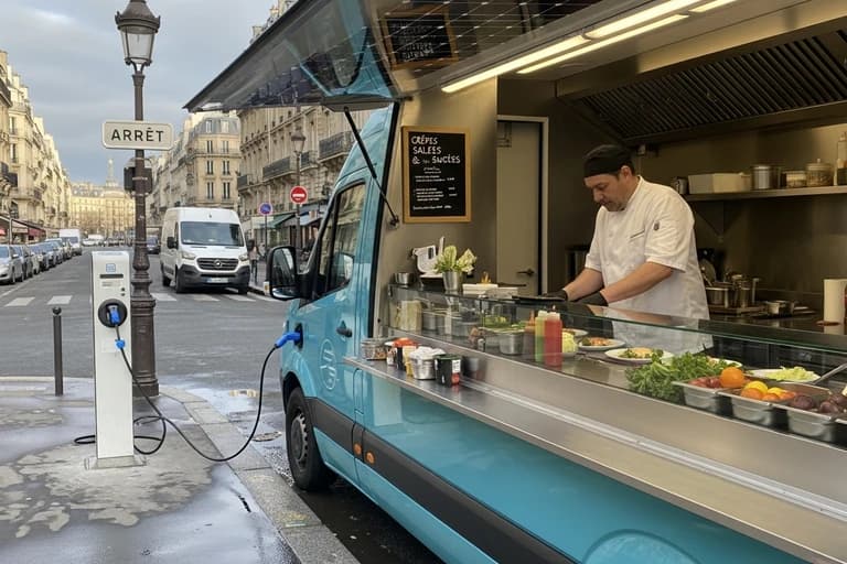 Food truck électrique turquoise en charge sur station de recharge urbaine avec chef préparant crêpes