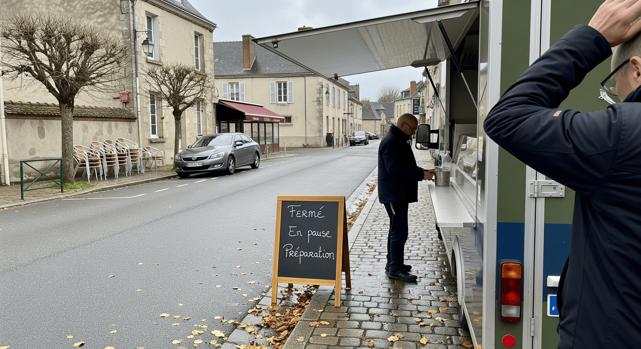 Food truck vert aménagé en préparation sur rue calme. Panneau 'Fermé' visible au premier plan.