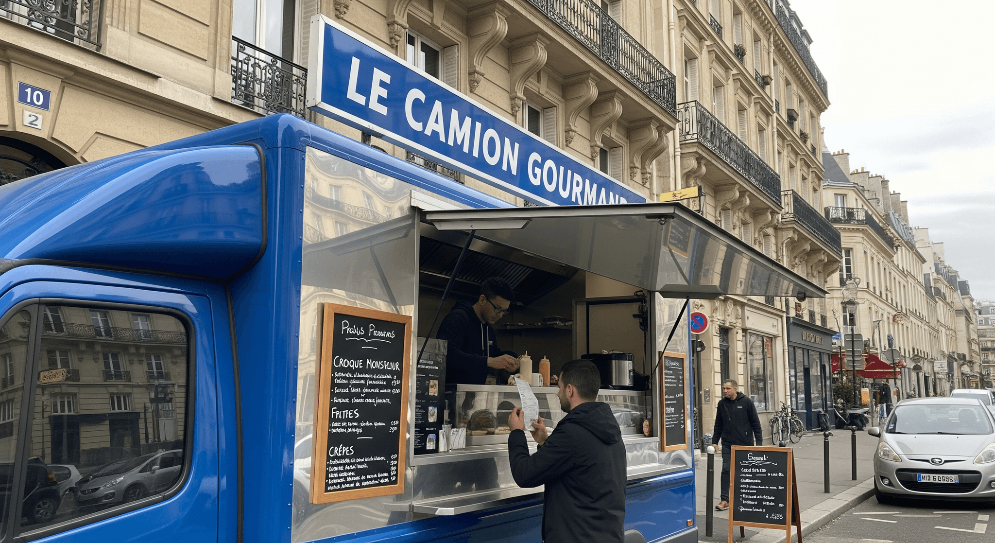 Food truck bleu "Le Camion Gourmand" aménagé avec cuisine inox, servant des plats à emporter à un client en ville.