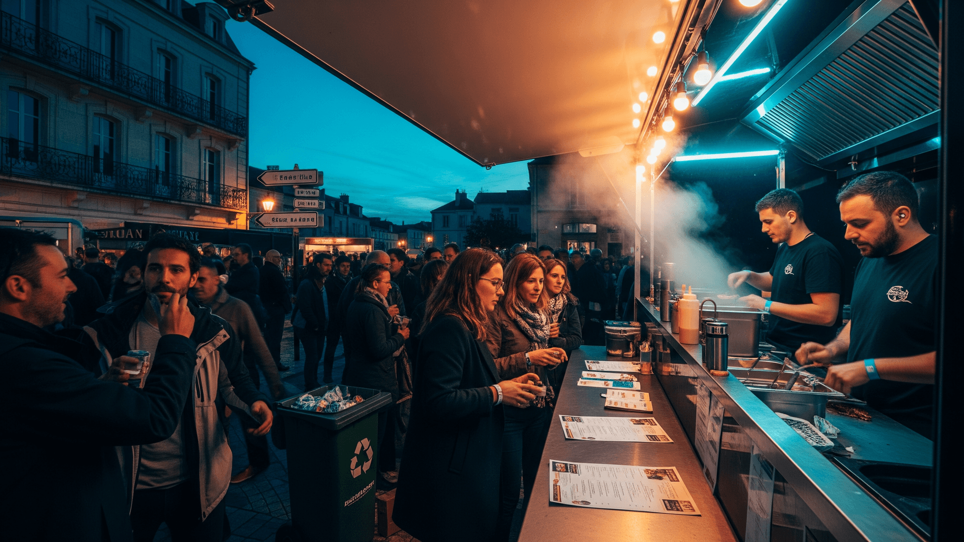 Food truck équipé MCR avec cuisine ouverte, chefs en pleine préparation, clientèle attentive lors d'un festival nocturne.