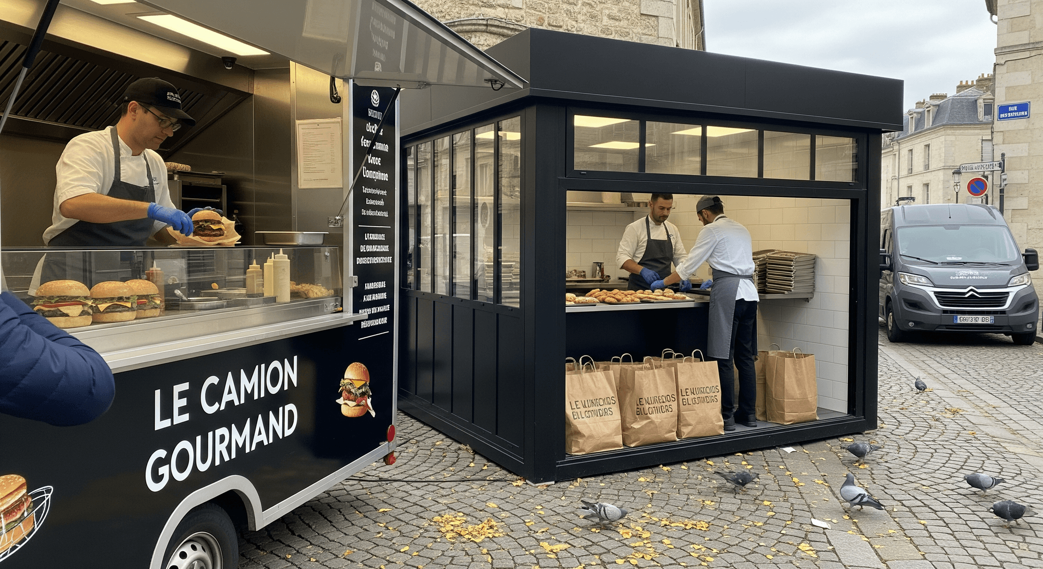 Remorque food truck noir 'Le Camion Gourmand' et kiosque de préparation MCR. Deux chefs en cuisine urbaine servent burgers et pains frais.