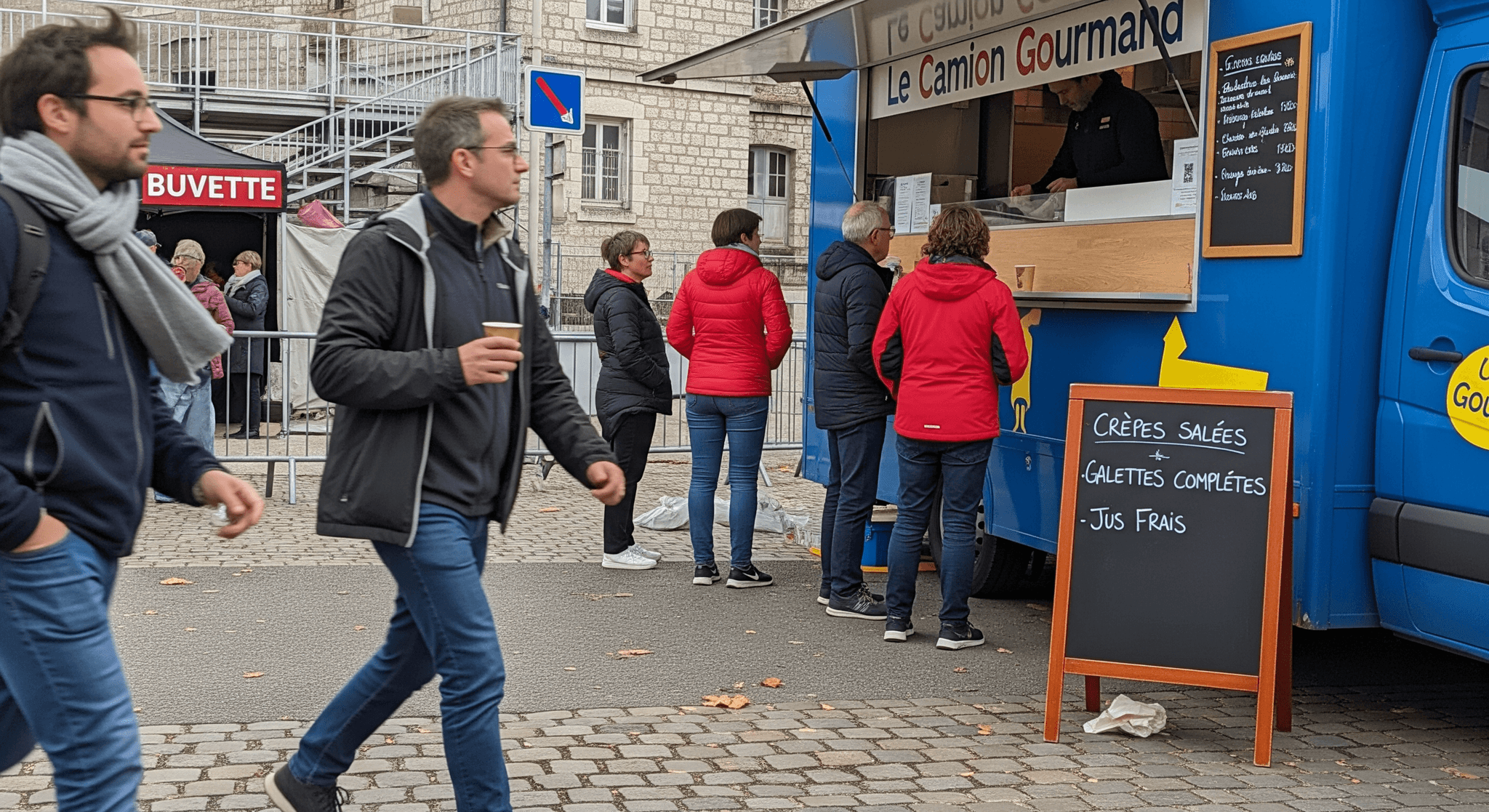 Food truck aménagé bleu "Le Camion Gourmand" servant crêpes et galettes à une file de clients lors d'un événement extérieur.