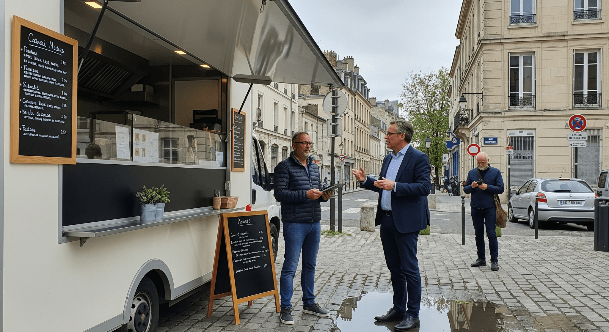 Food truck blanc aménagé MCR en centre-ville, deux entrepreneurs discutent près du comptoir de service ouvert.