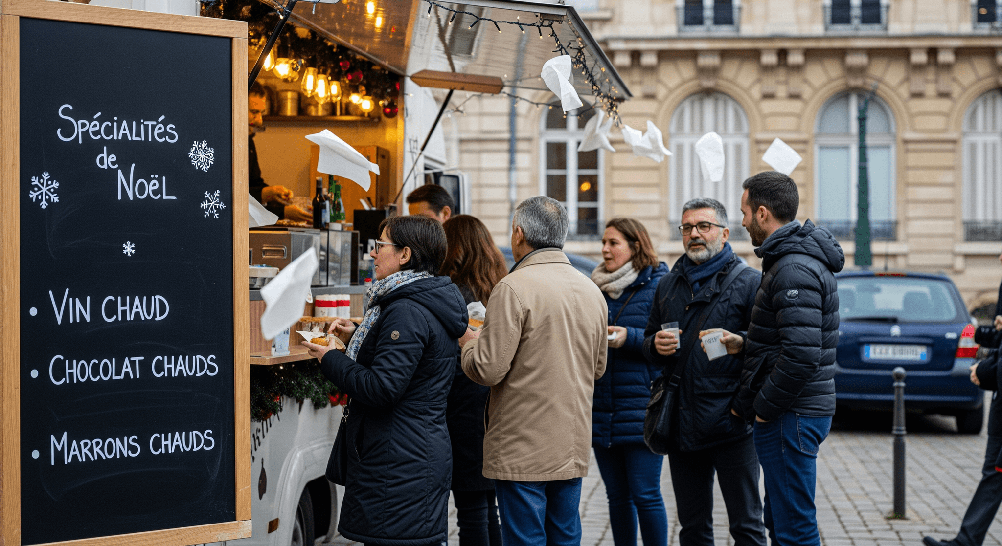 Food truck événementiel MCR blanc décoré Noël, servant vin chaud, chocolats et marrons à des clients en ville.