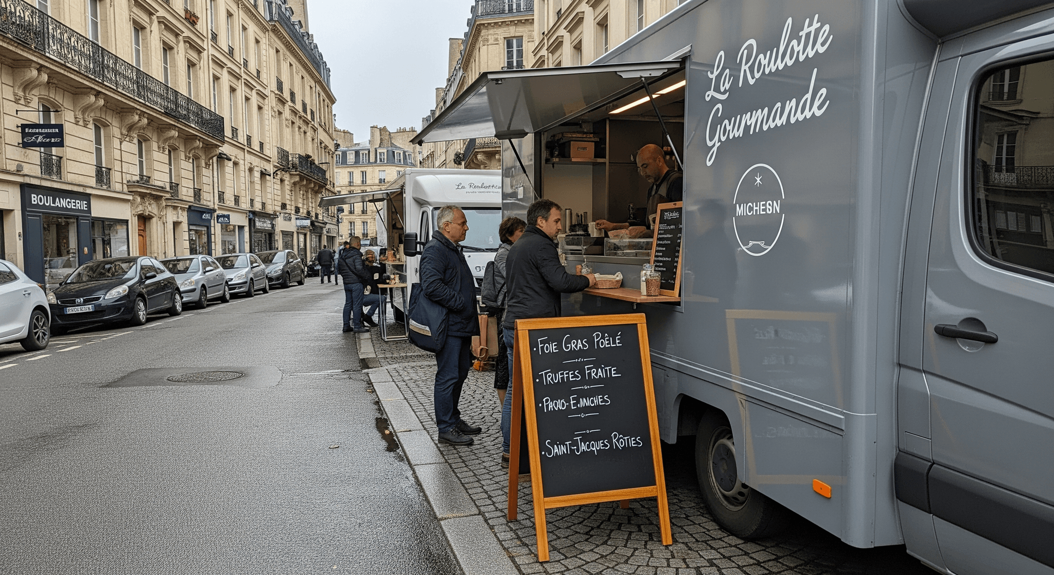 Food truck gastronomique gris 'La Roulotte Gourmande' avec menu truffes et foie gras, en service sur une rue parisienne.