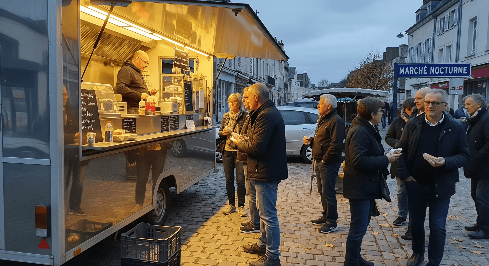 Remorque food truck MCR éclairée, servant des clients sur un marché nocturne urbain. Solution de restauration mobile événementielle.