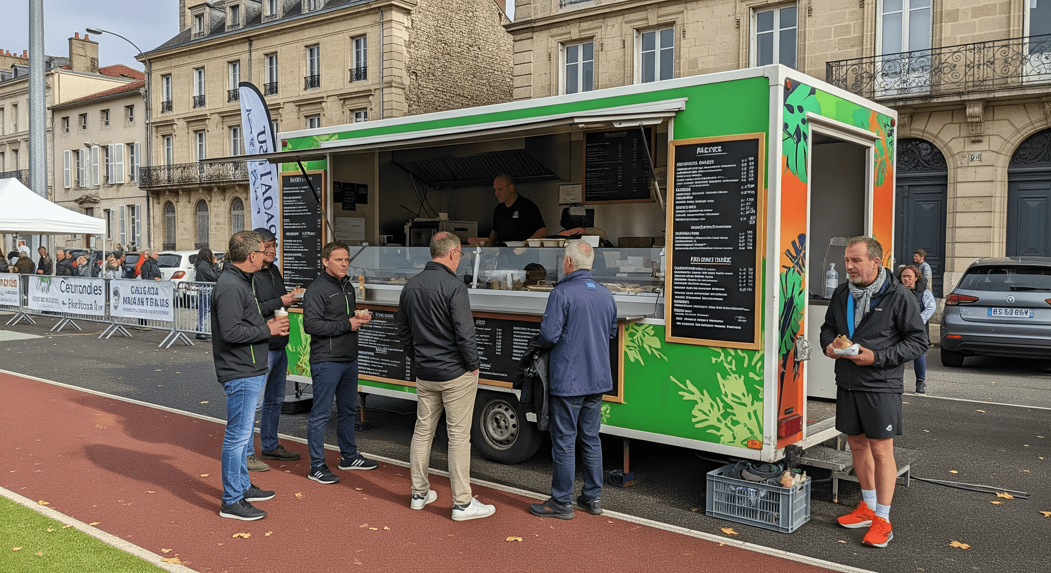 Food truck remorque vert MCR avec cuisine professionnelle aménagée, servant des clients lors d'un événement sportif.