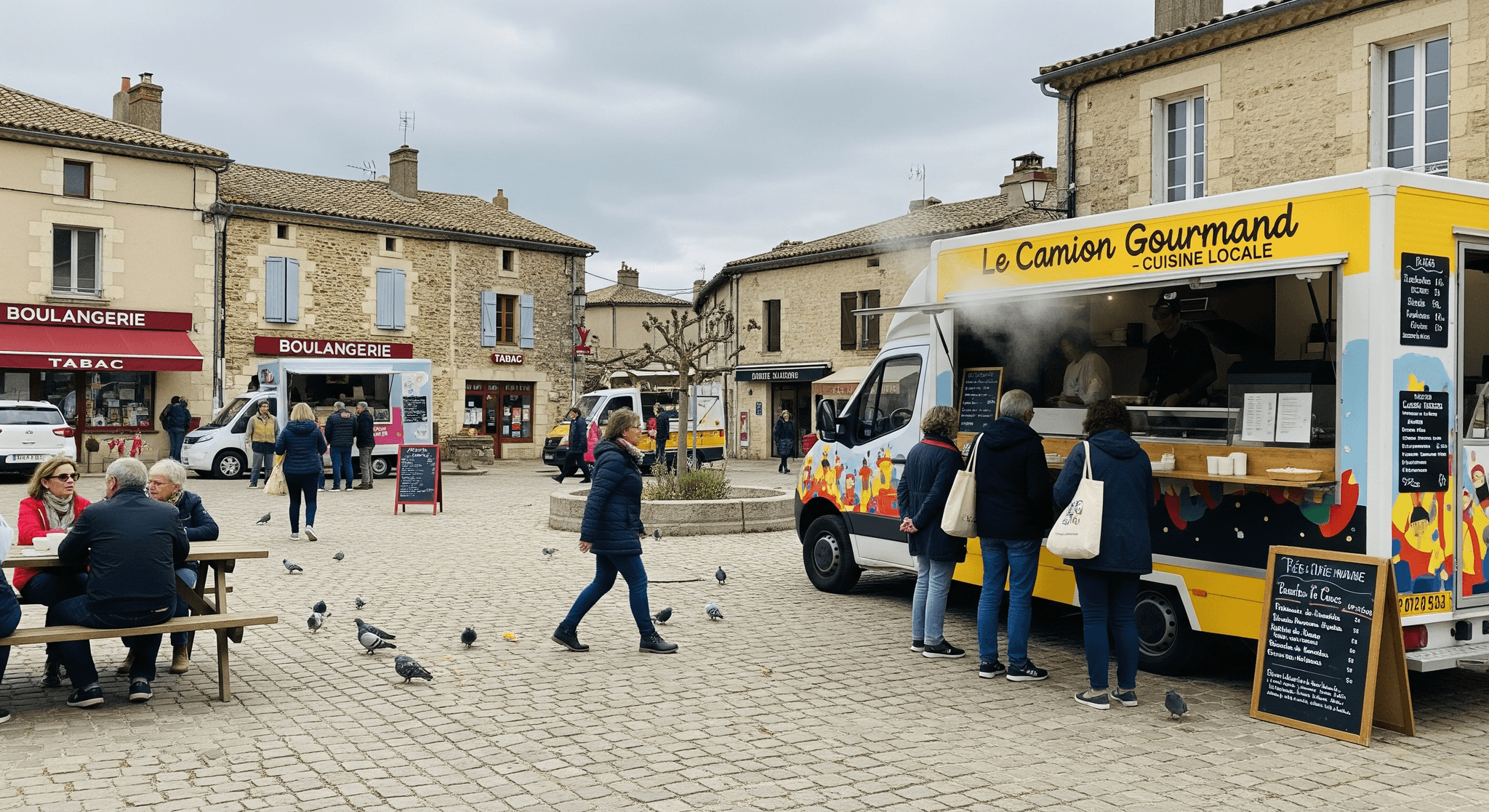Food truck "Le Camion Gourmand" jaune en pleine activité sur une place de village pavée. Des clients commandent, ambiance de marché rural.