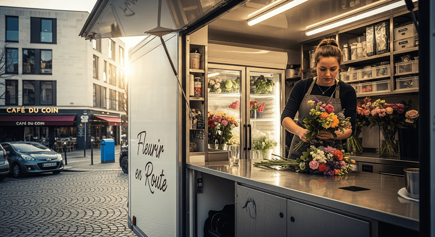 Food truck fleuriste avec aménagement professionnel, fleuriste préparant des bouquets dans sa remorque mobile