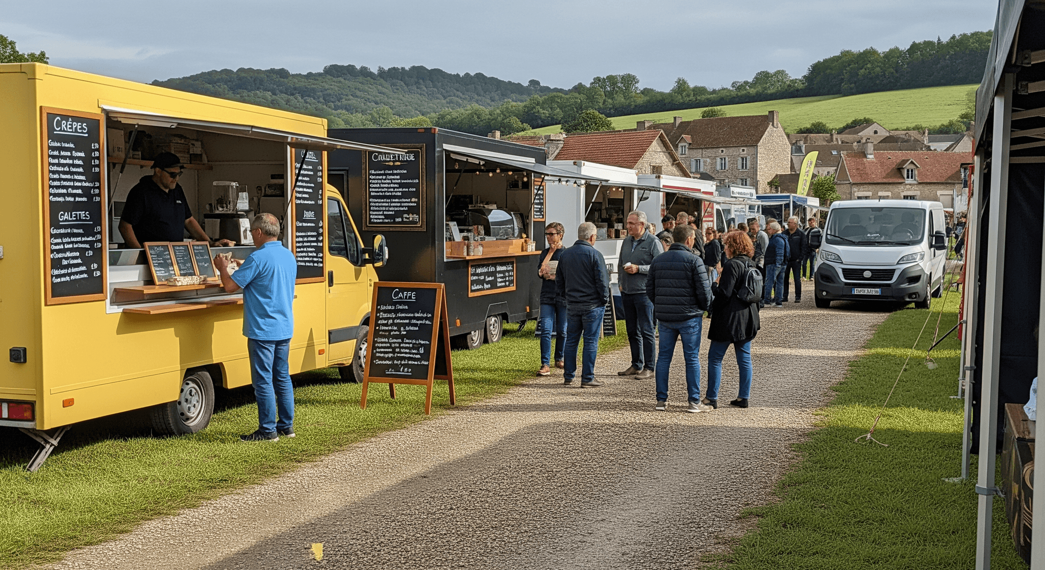 Deux food trucks Mon Camion Resto, jaune (crêpes) et noir (nordik/café), servent des clients à une foire agricole rurale.