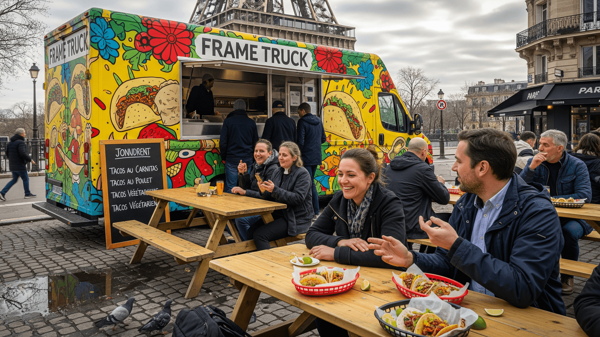 Food truck Frame Truck jaune vif avec illustrations tacos, servant des clients attablés en plein air à Paris, vue Tour Eiffel.